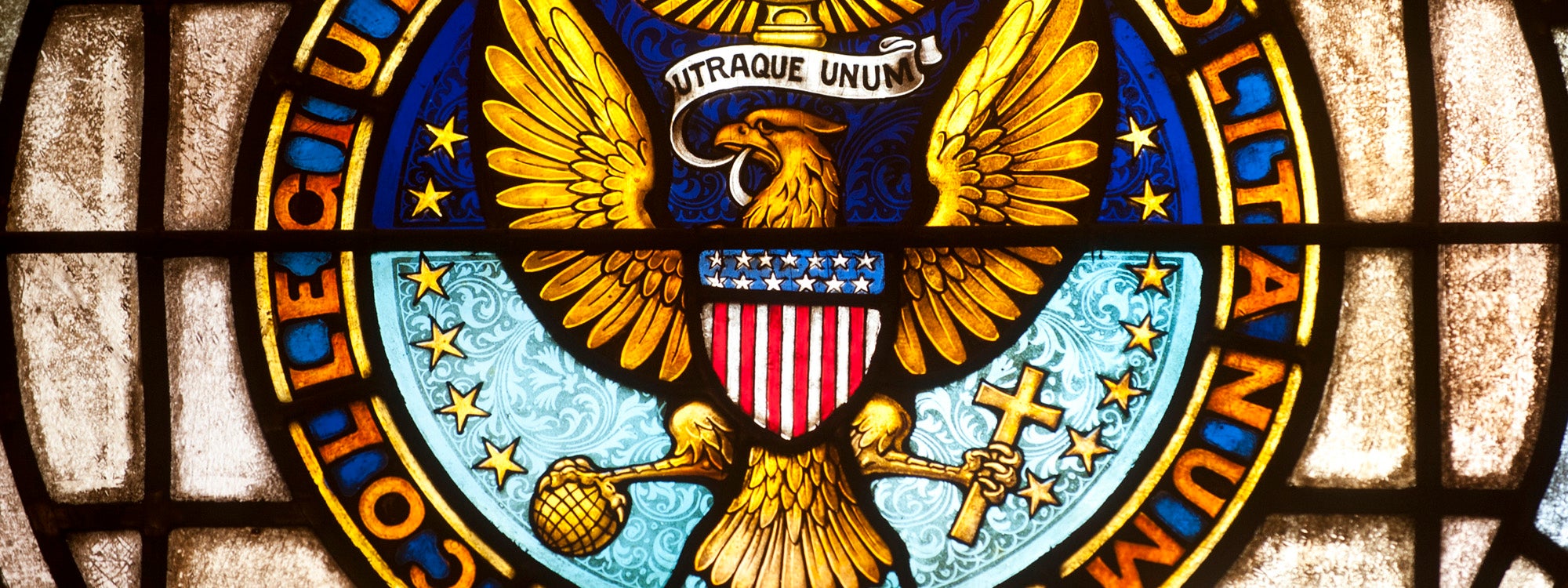 A stained glass version of Georgetown's seal.