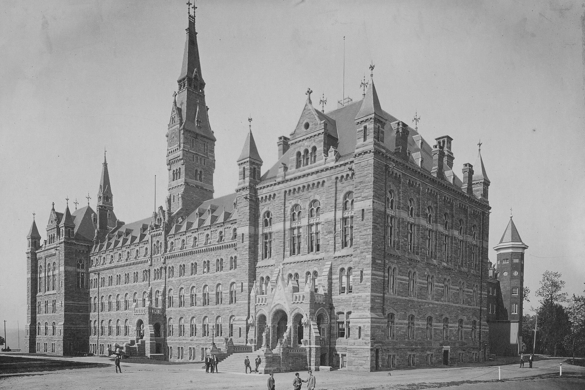 A black and white image of Healy Hall from the late 1800s or early 1900s.