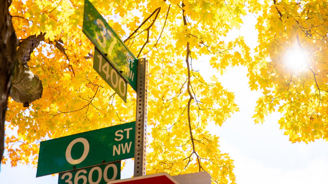Street signs at the corner of 37th and O Streets NW.